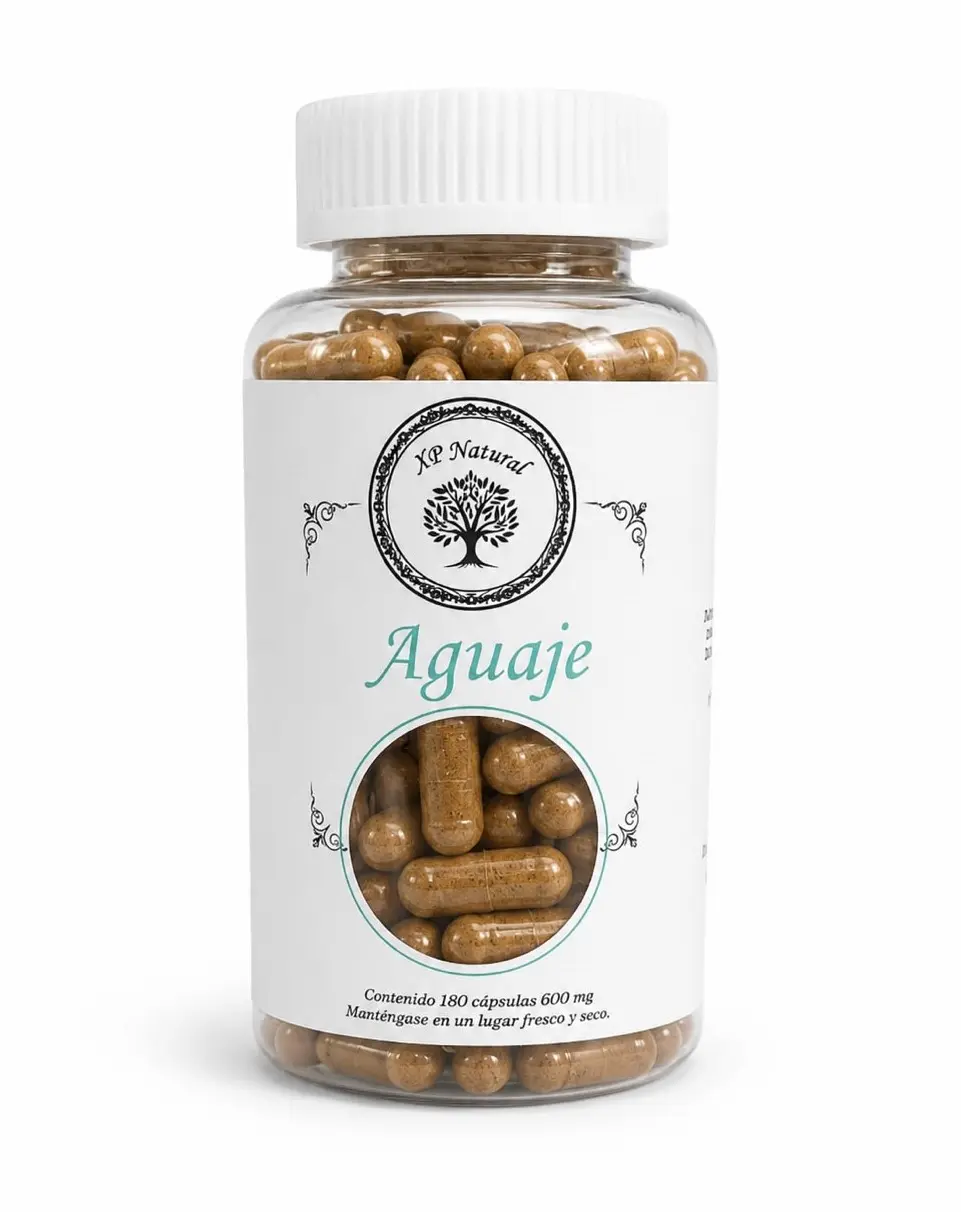 Frasco de aguaje en cápsulas premium de la marca XP Natural sobre fondo blanco