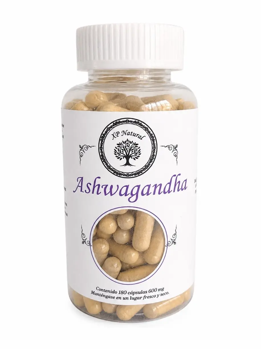 Frasco de ashwagandha en cápsulas para el estrés y la energía de XP Natural