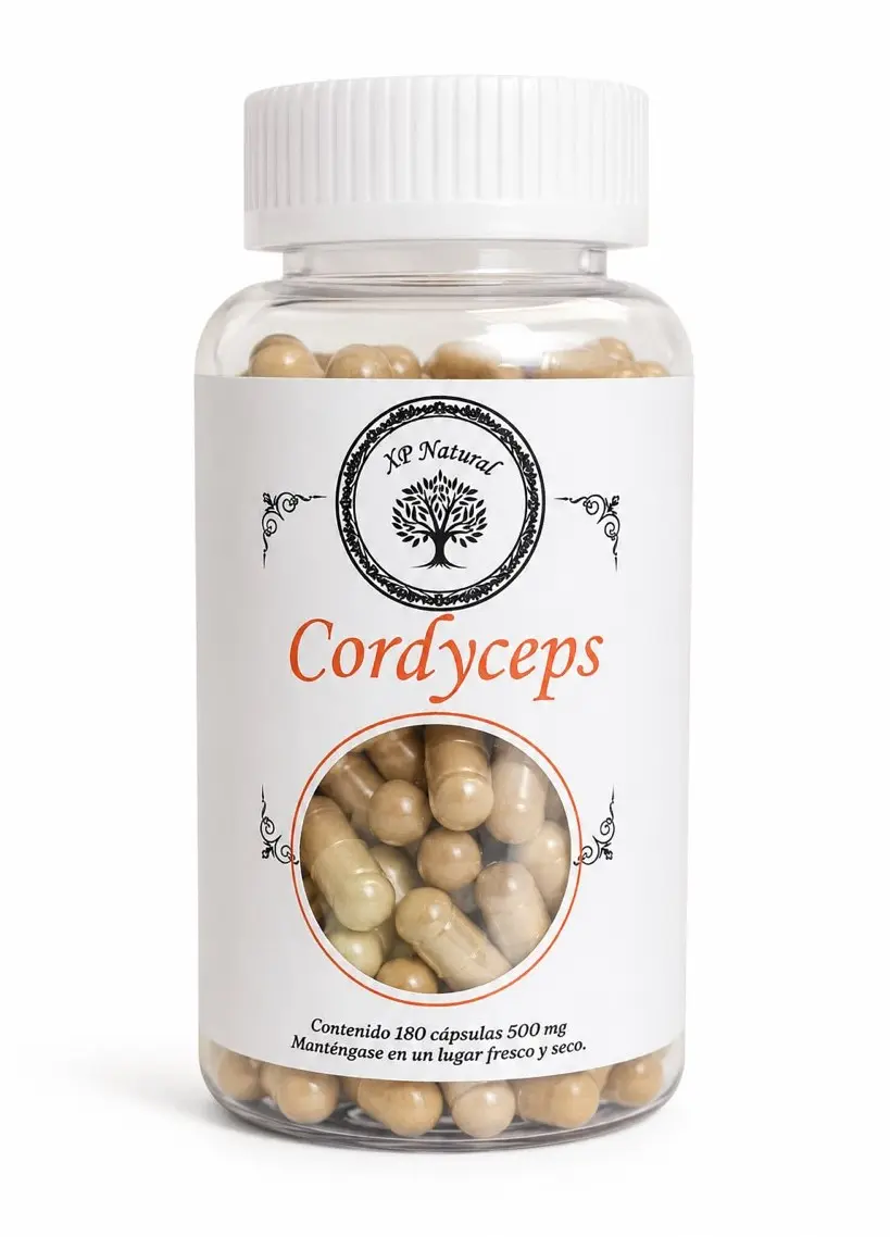 Frasco de hongo cordyceps en cápsulas para la energía y rendimiento de XP Natural