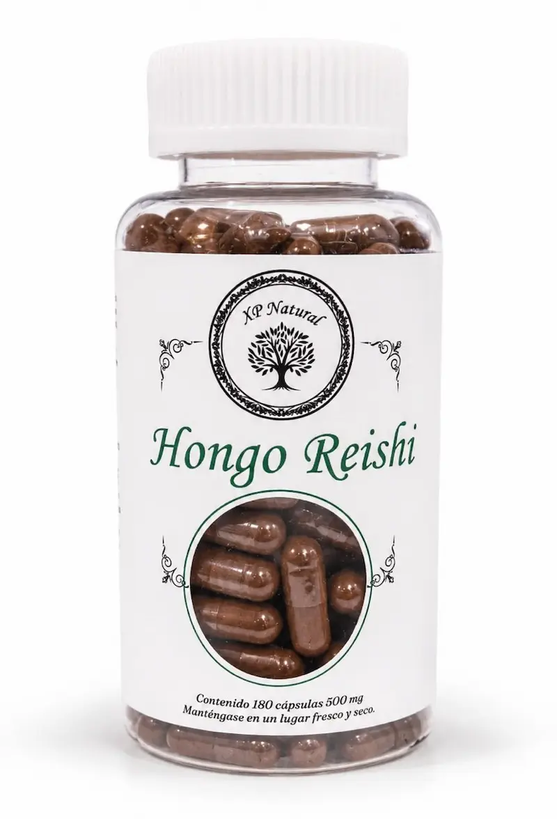 Frasco de hongo reishi en cápsulas para la relajación y bienestar de XP Natural