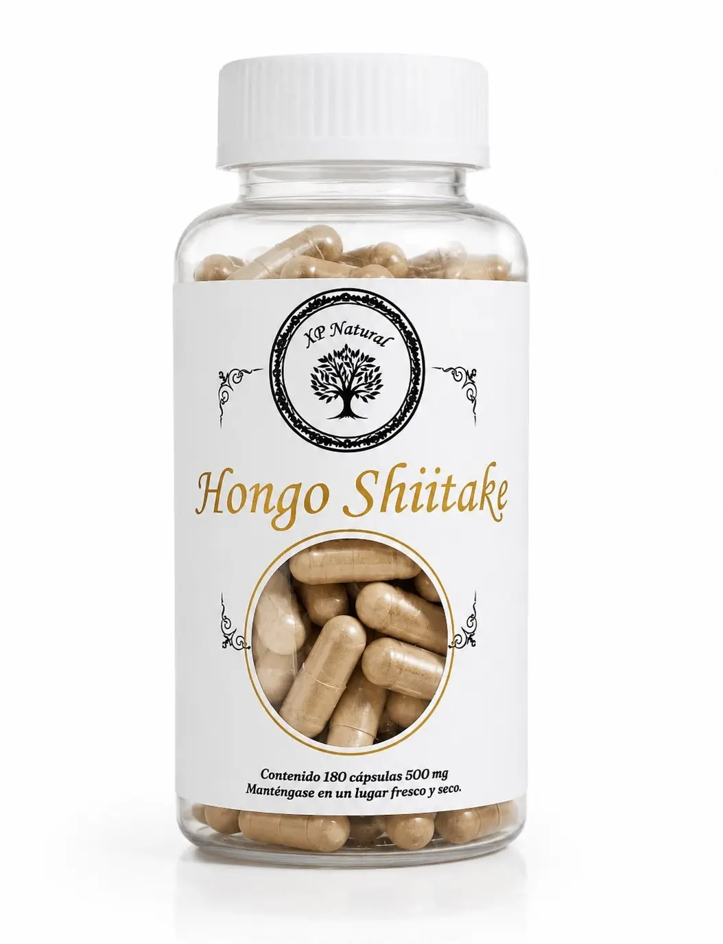 Frasco de hongo shiitake en cápsulas naturales de XP Natural sobre fondo limpio