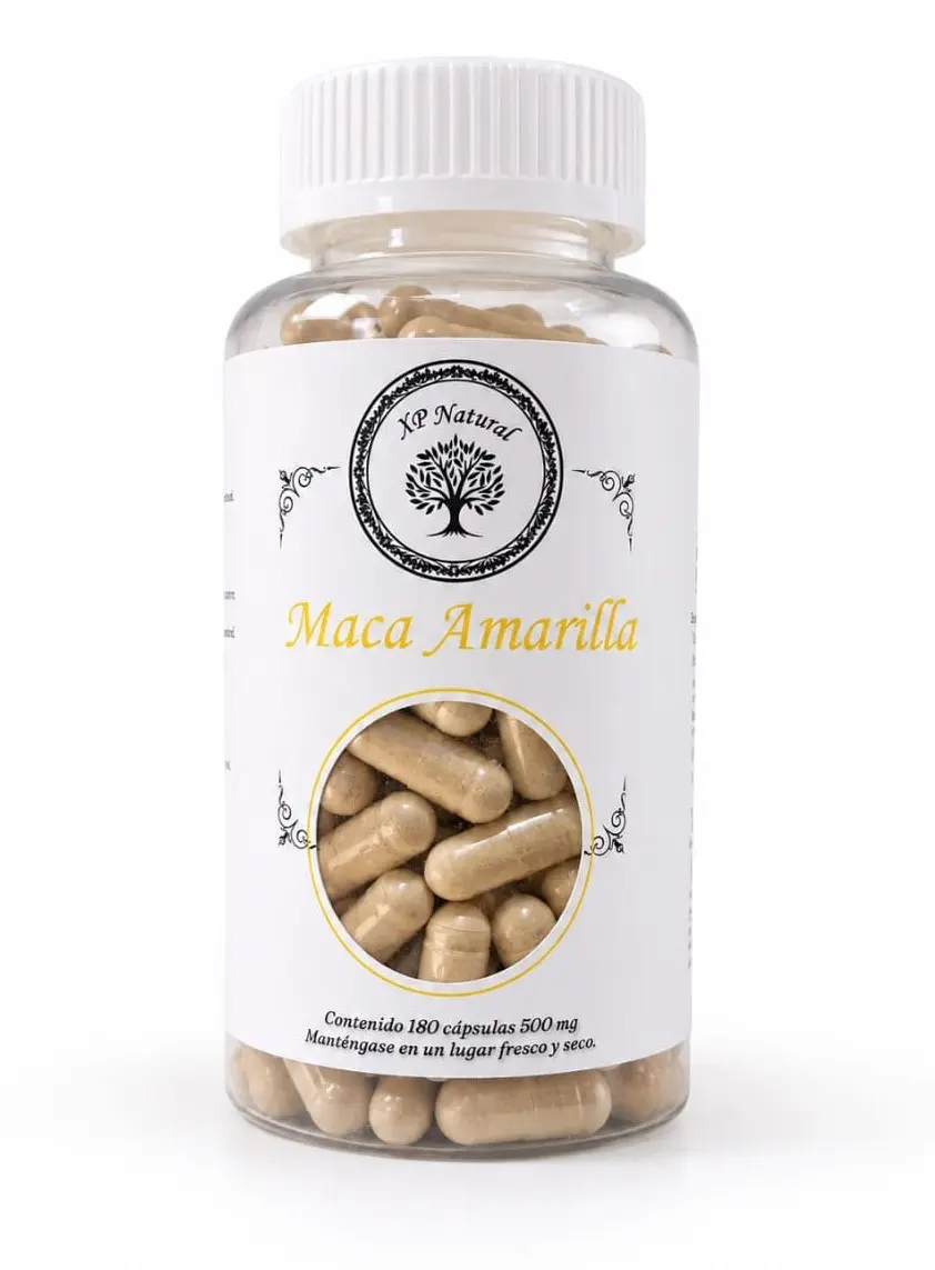 Frasco de maca amarilla en cápsulas para la vitalidad diaria de XP Natural