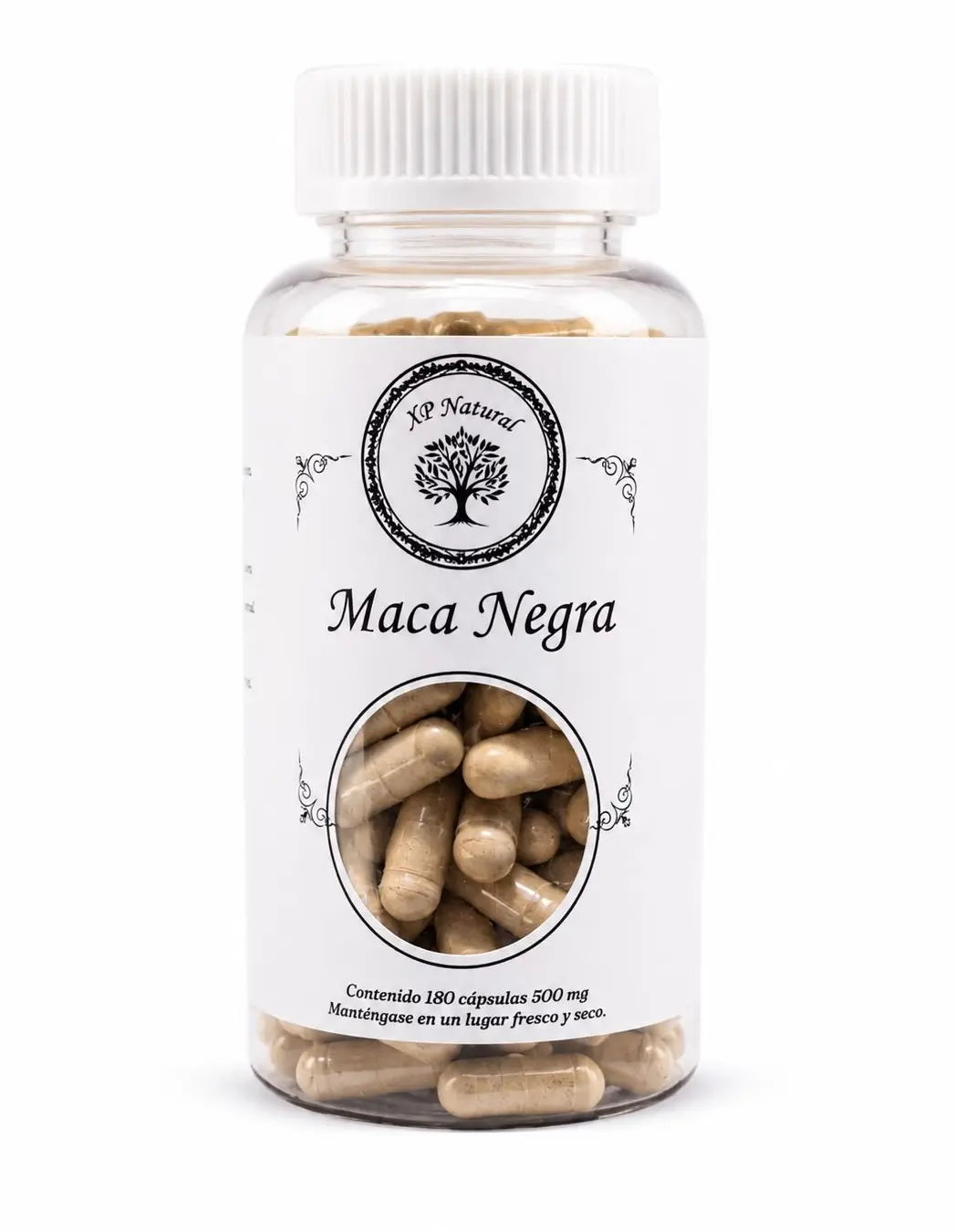 Frasco de maca negra en cápsulas para el rendimiento físico y mental de XP Natural