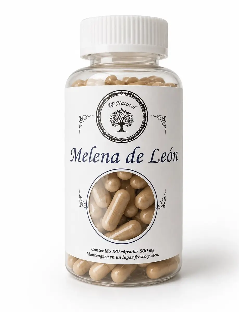 Frasco de hongo melena de león en cápsulas para enfoque y claridad mental de XP Natural